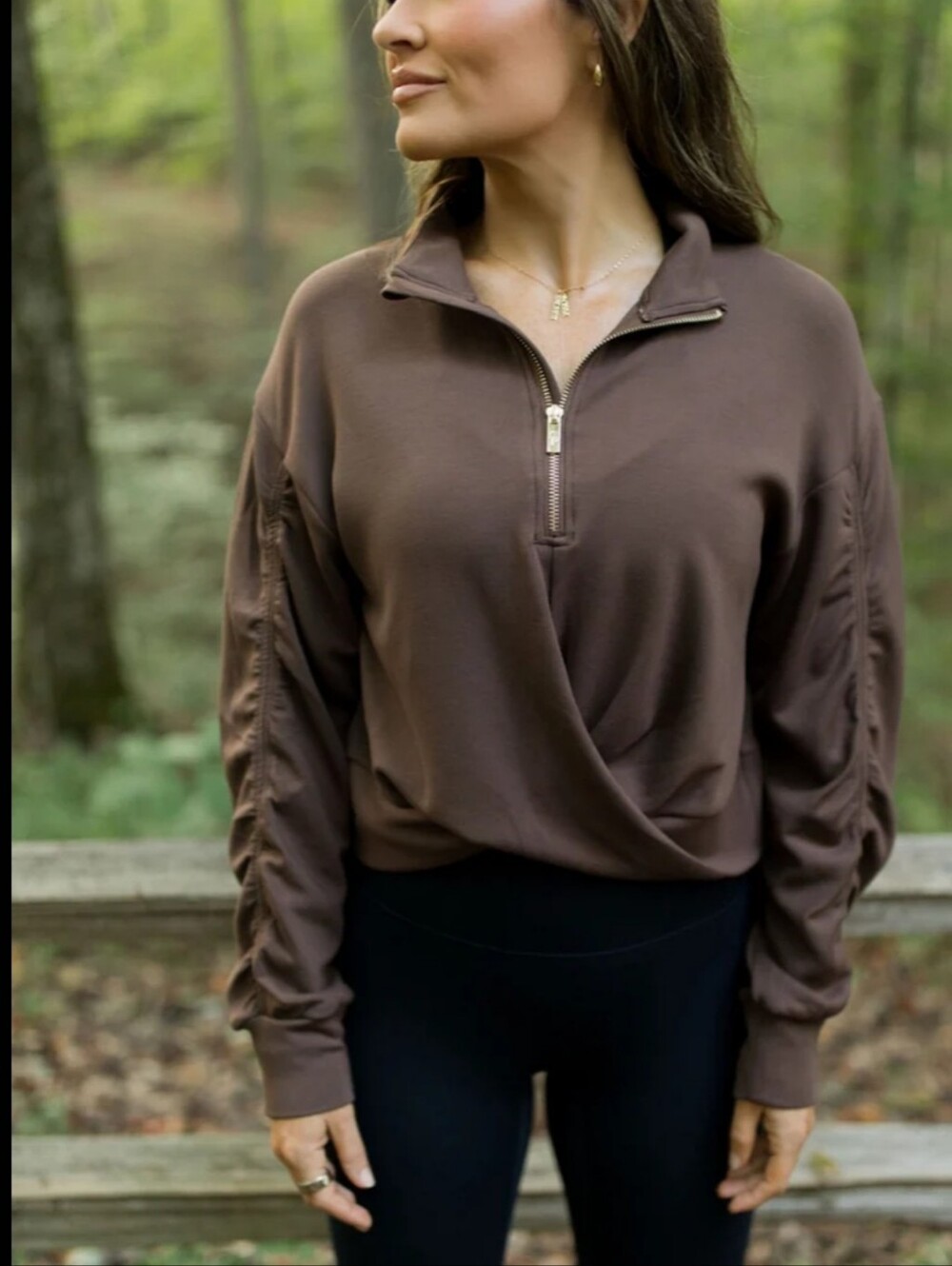 Women's Brown Half-Zip Pullover with Gold Zipper